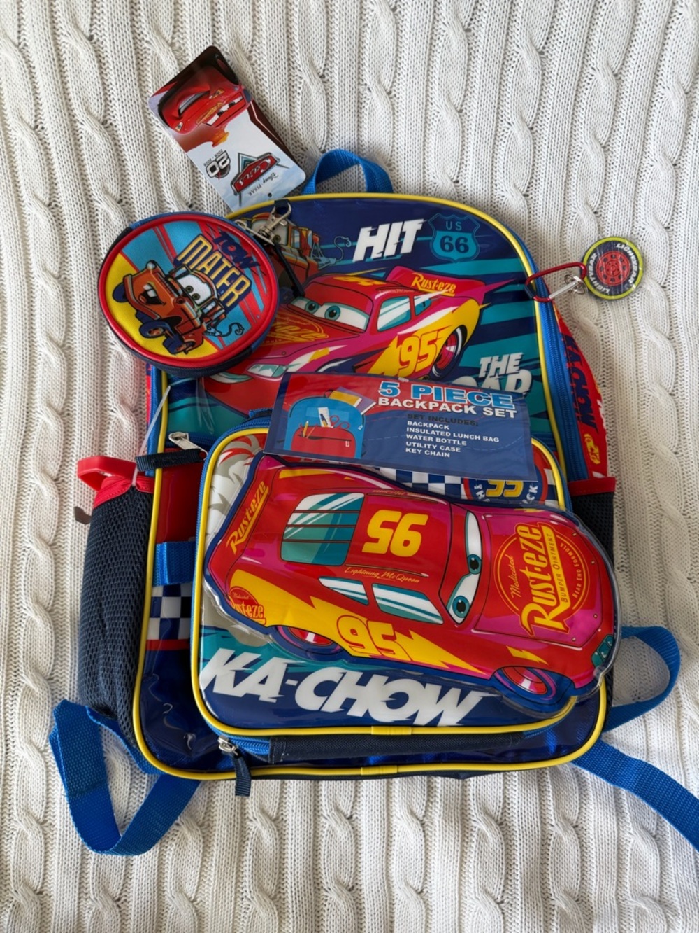 Disney Pixar Cars Lightning McQueen Canvas Bookbag Backpack Bag NEW 5 Piece Set